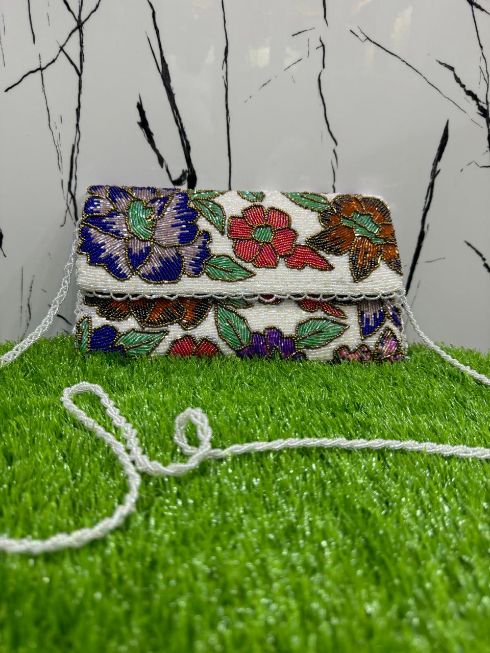 “Elegant White Flory Handmade Long Clutch
