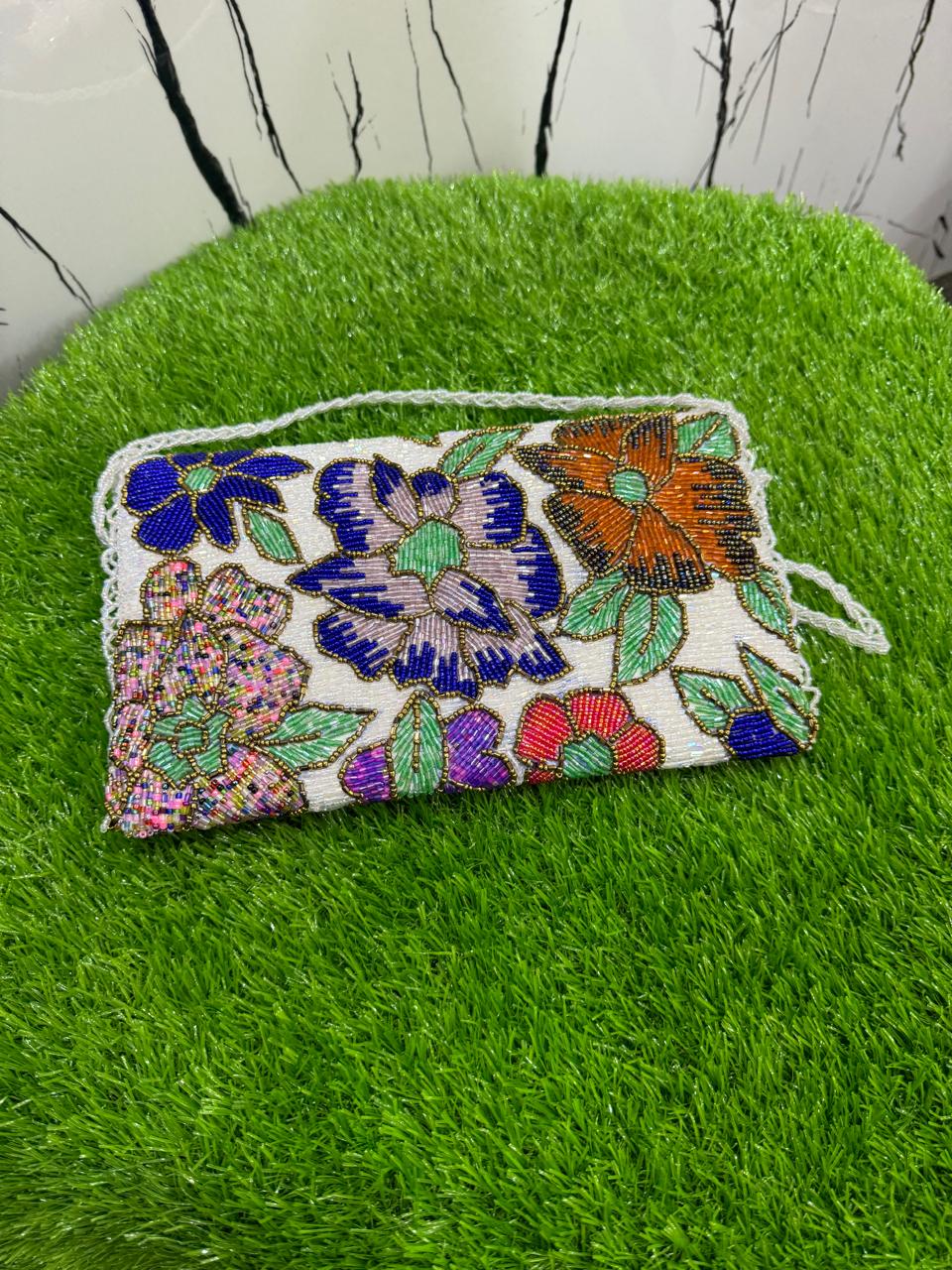 “Elegant White Flory Handmade Long Clutch