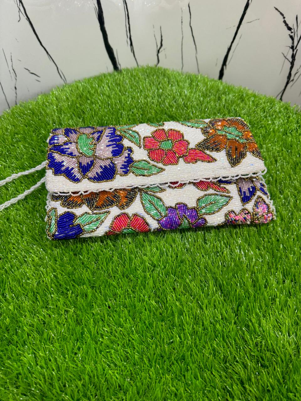 “Elegant White Flory Handmade Long Clutch