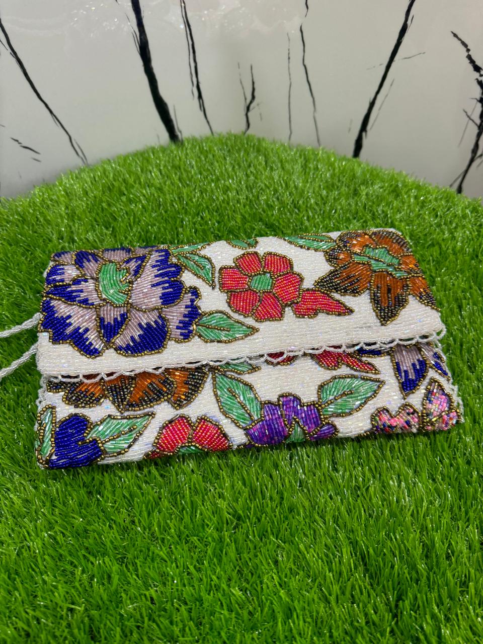“Elegant White Flory Handmade Long Clutch