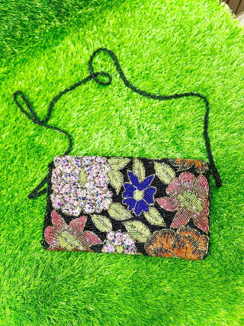 "Handmade Black Beaded Floral Sling Bag" 🌸✨