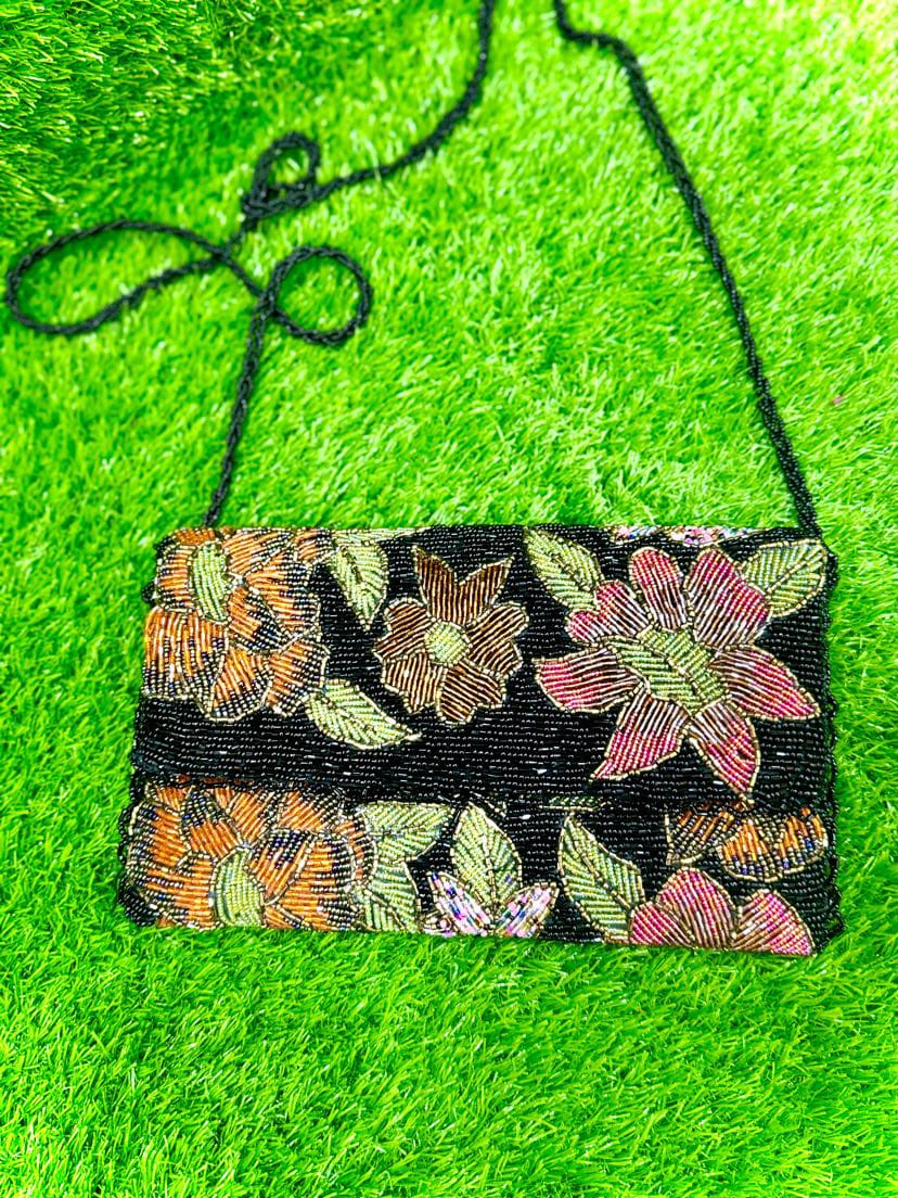 "Handmade Black Beaded Floral Sling Bag" 🌸✨
