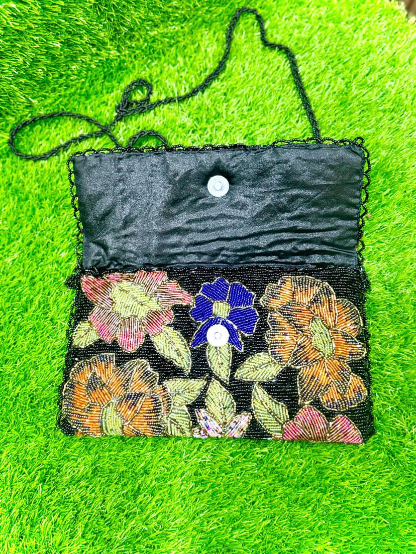 "Handmade Black Beaded Floral Sling Bag" 🌸✨