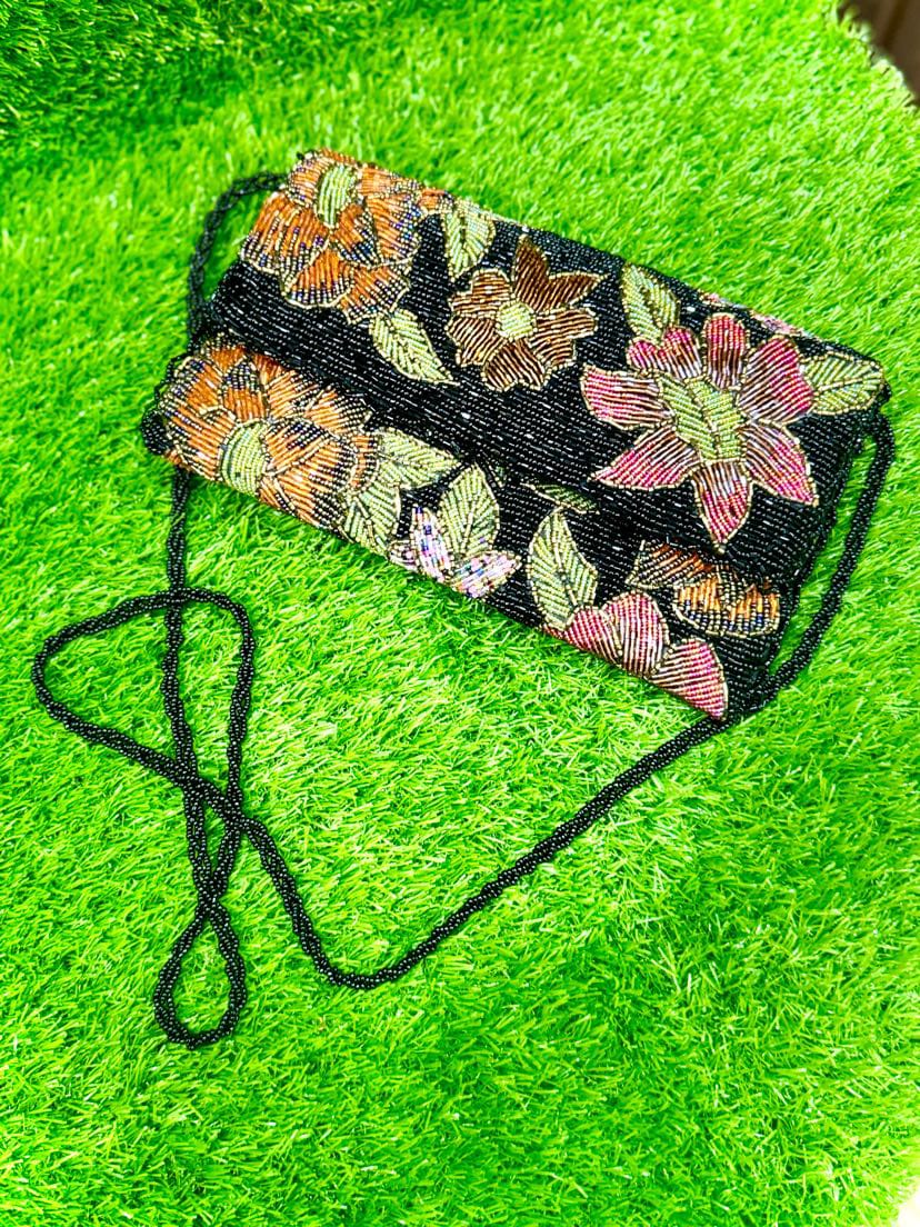 "Handmade Black Beaded Floral Sling Bag" 🌸✨