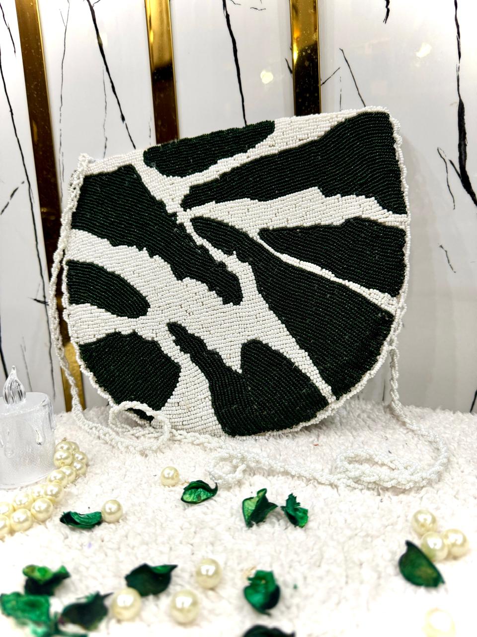 green Flory Handmade Handbag with Moti Bead Work"