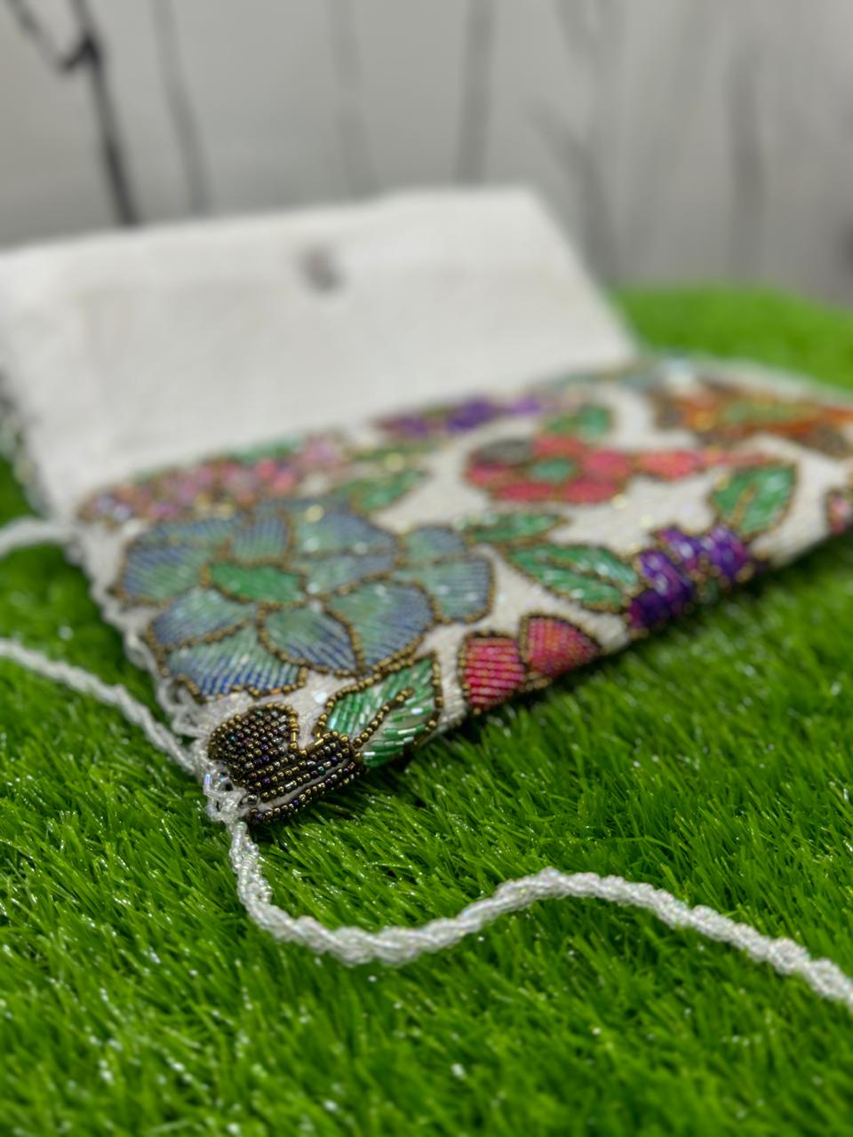 Pearl Glow White Beaded Evening Clutch